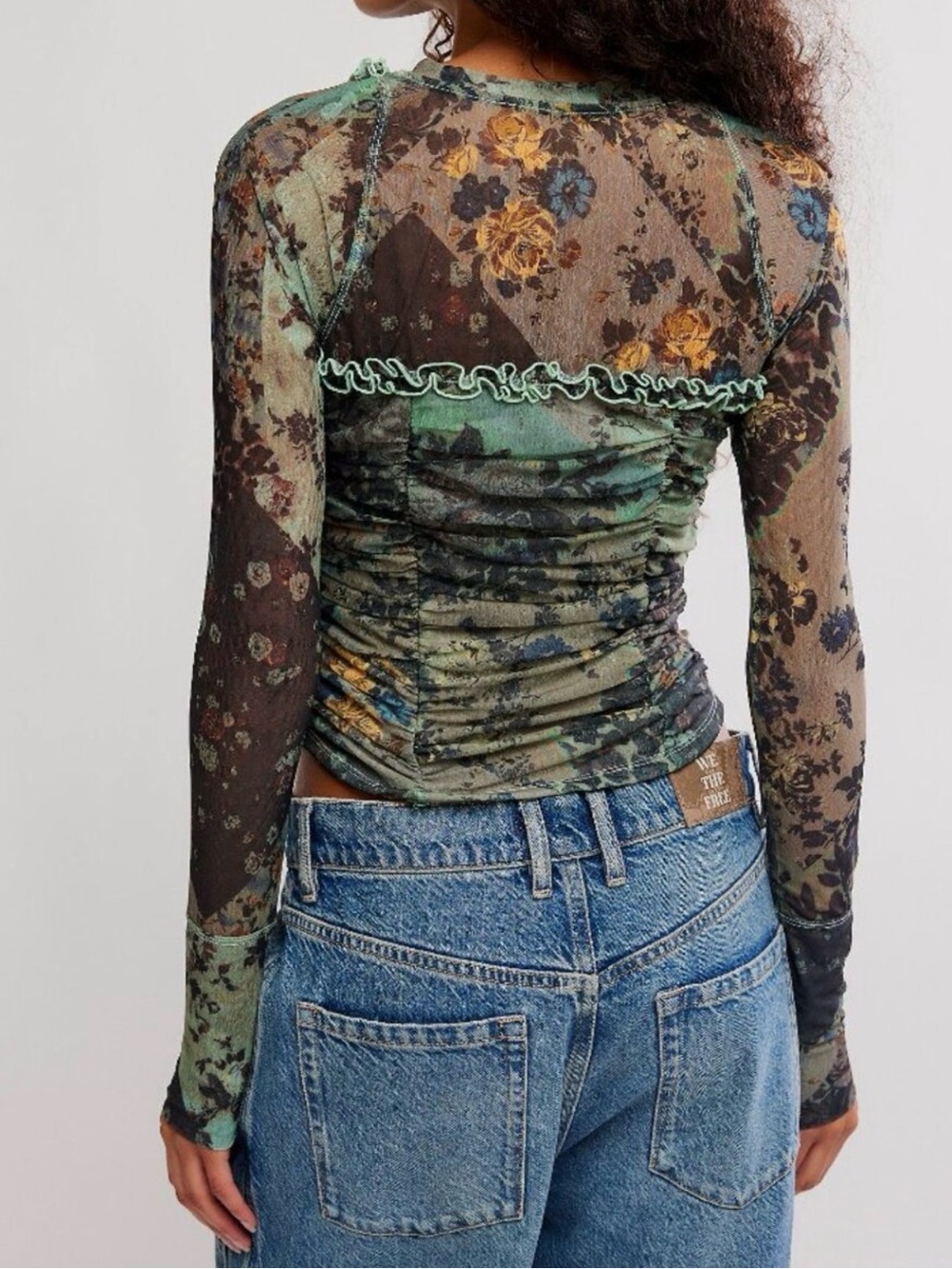 FREE PEOPLE Ariana Long Sleeve Ruched Top / Sage Combo SZ Medium - Picture 3 of 7